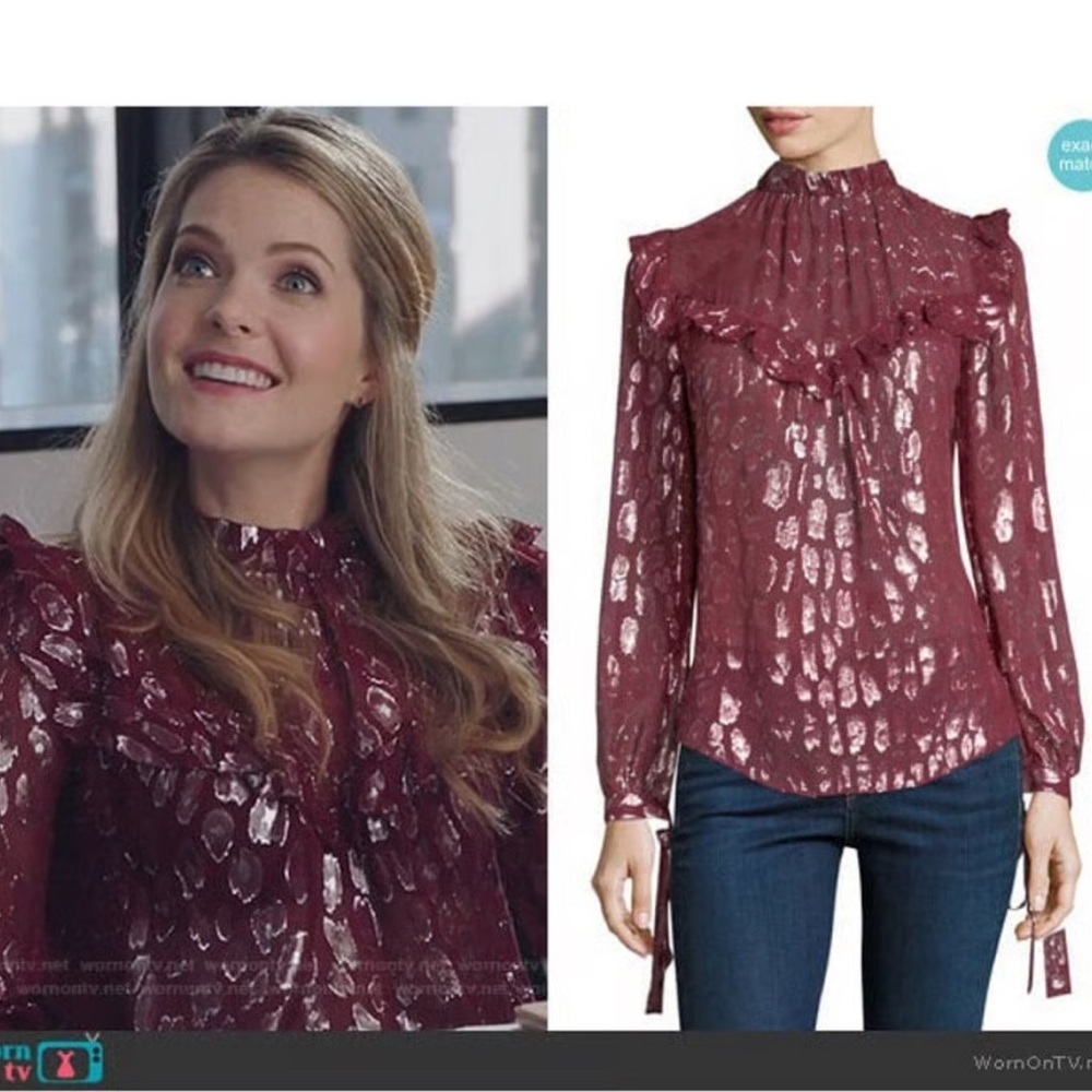 Veronica Beard Brooks Blouse Top Metallic Burgundy Silver 12 - Picture 3 of 9